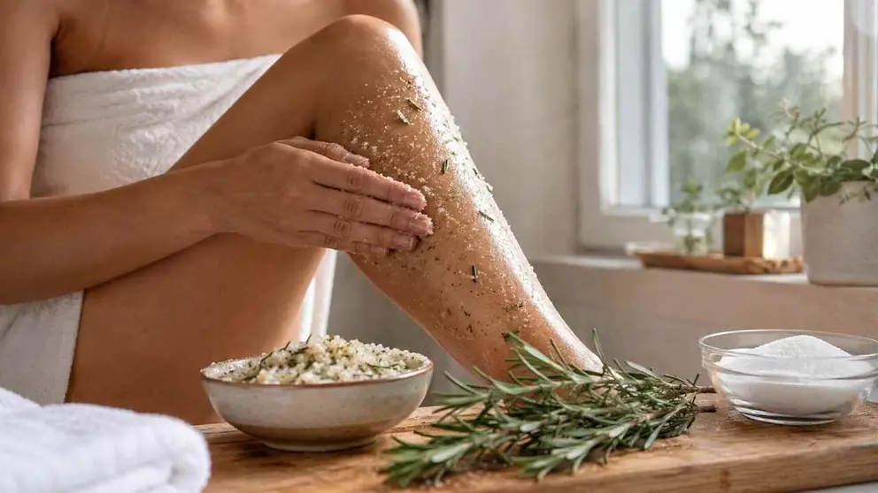 Una mujer exfoli&aacute;ndose con la mezcla de romero y az&uacute;car.