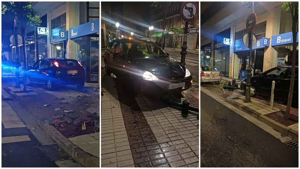 Imagen del estado en el que ha quedado el coche subido a la acera en Tudela. POLIC&Iacute;A LOCAL DE TUDELA