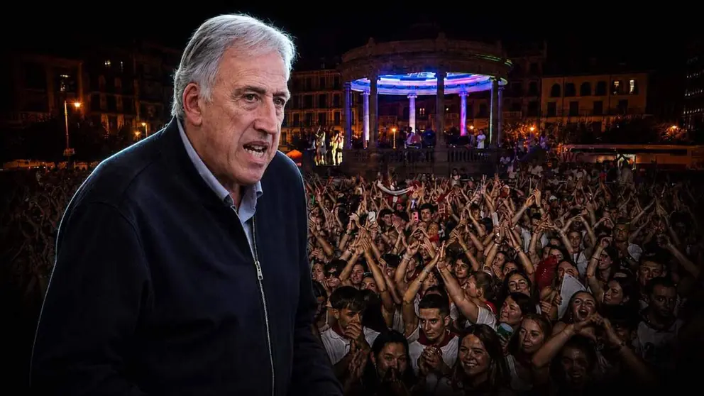 Una imagen de Joseba Asiron (EH Bildu), alcalde de Pamplona, sobre un momento de un concierto en la Plaza del Castillo en San Ferm&iacute;n.