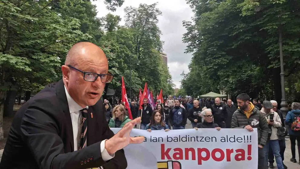 Fotomontaje del consejero Gimeno sobre una imagen de la manifestaci&oacute;n convocada en Pamplona contra su gesti&oacute;n