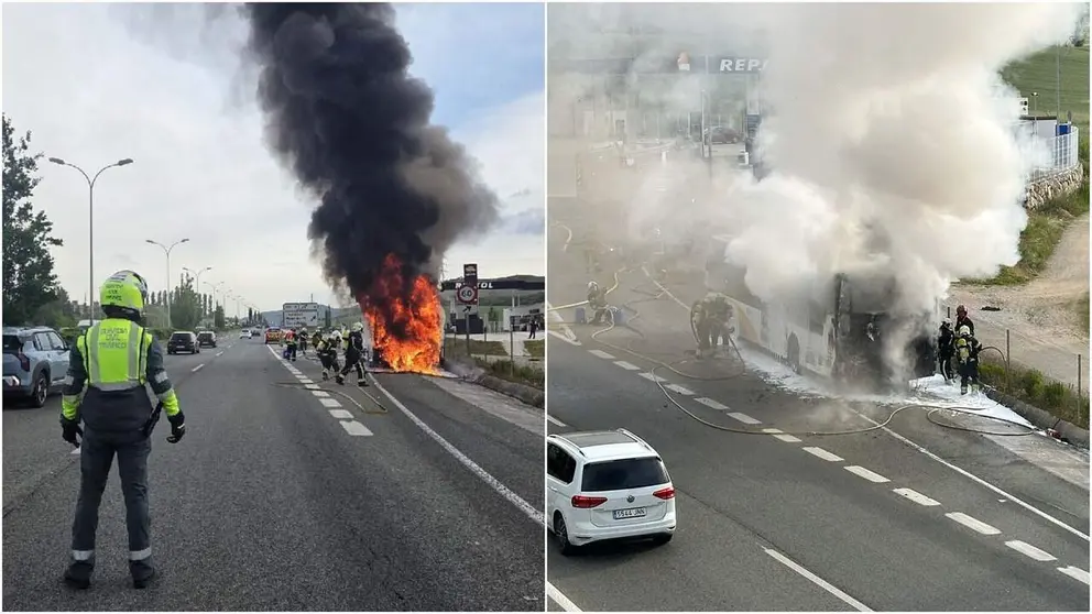 Una villavesa arde en la ronda de Pamplona (PA-30) en Mutilva.
