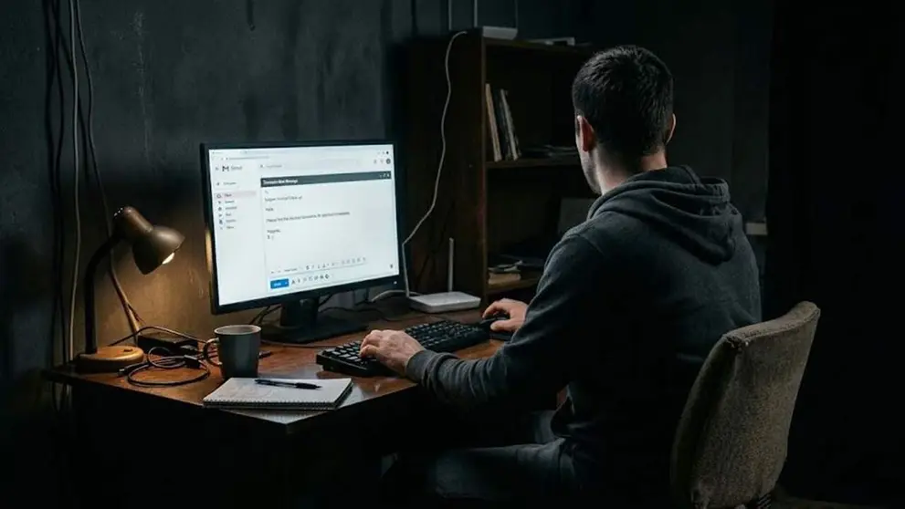 Un hombre manda un correo electr&oacute;nico.