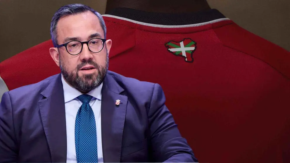 Fotomontaje con una imagen de Javier Rem&iacute;rez sobre una vista de la parte trasera de la camiseta del Athletic. NAVARRA.COM