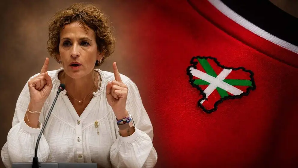Mar&iacute;a Chivite, junto al mapa de la camiseta del Athletic de Bilbao.