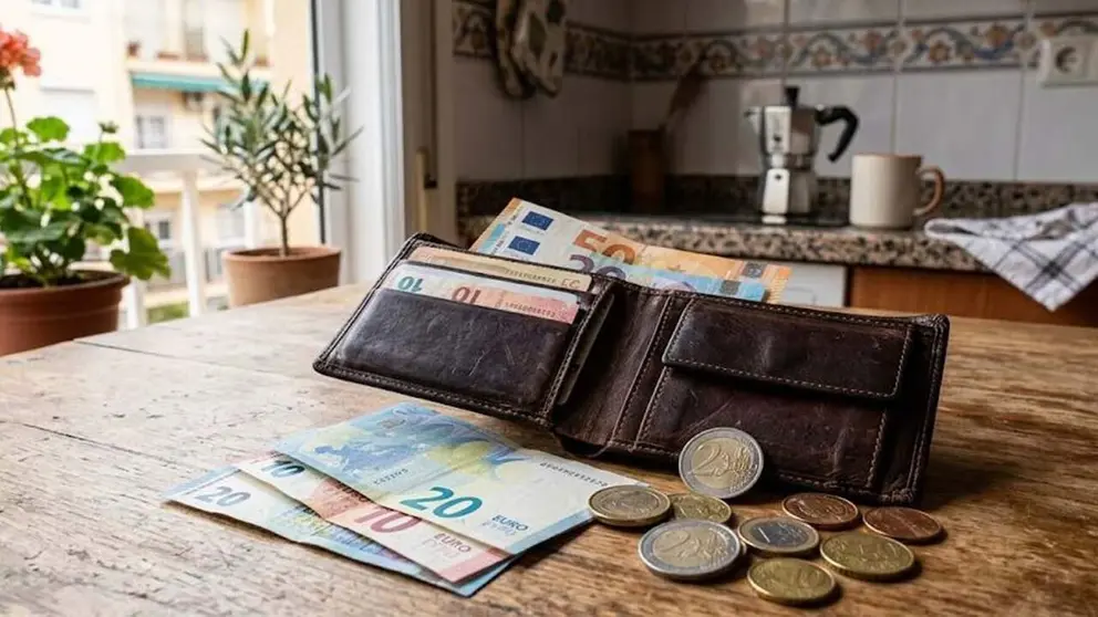 Una cartera con dinero en la cocina de una vivienda.