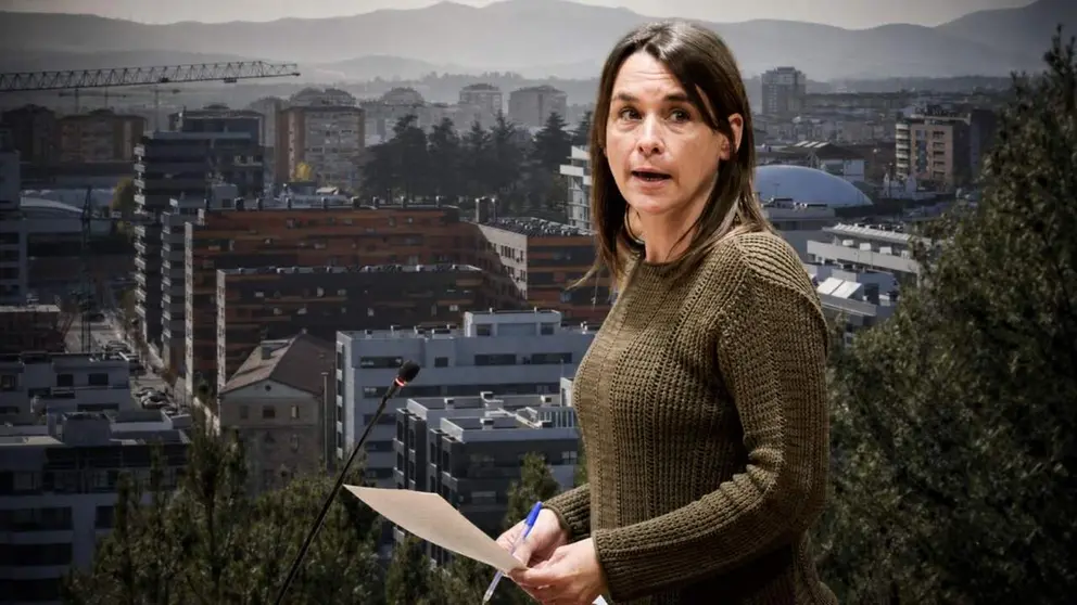 Fotomontaje con una imagen de la consejera de Vivienda, Bego&ntilde;a Alfaro, sobre unos bloques en construcci&oacute;n. NAVARRA.COM