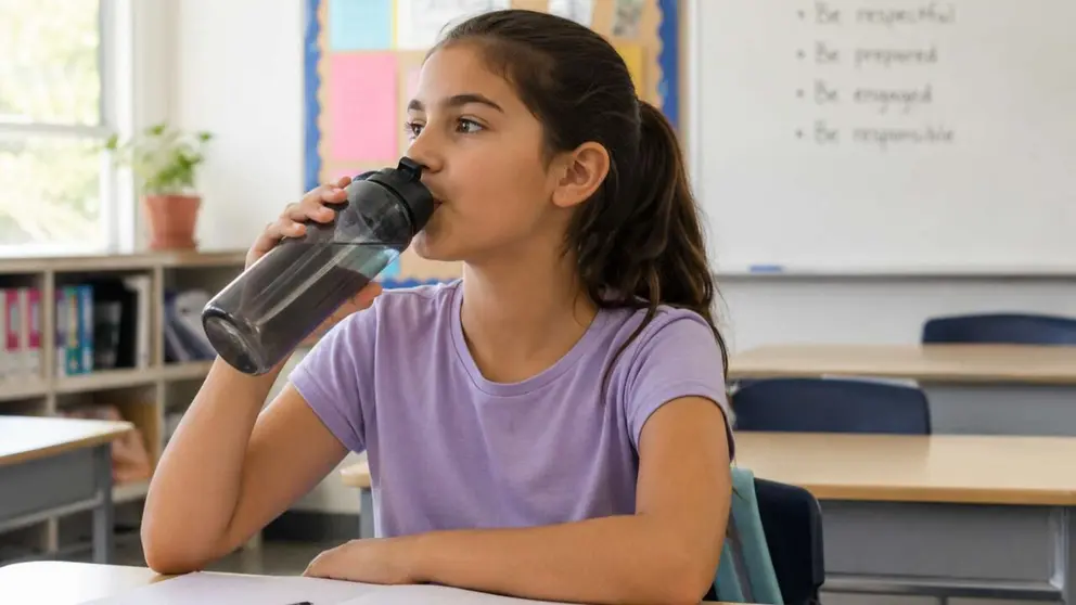 Imagen generada con Inteligencia Artificial de una ni&ntilde;a bebiendo agua en un aula. CHAT GPT