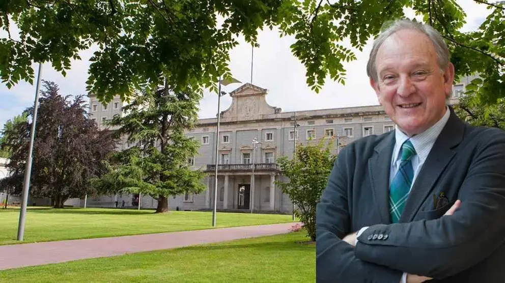 Fotomontaje con una imagen de Leopoldo Gil sobre una vista del campus de la Universidad de Navarra. CEDIDA