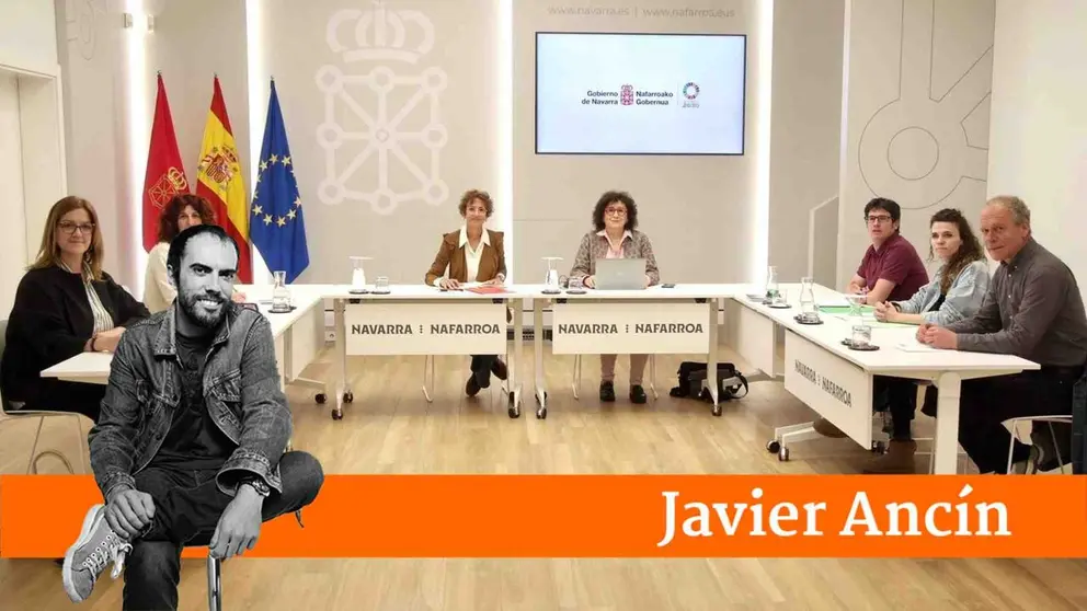 La directora gerente del Servicio Navarro de Empleo-Nafar Lansare, Esther Fern&aacute;ndez; la directora general de Pol&iacute;ticas Migratorias, Eva Gurr&iacute;a; la Presidenta Chivite; la consejera Maeztu; Imanol Pascual y Saioa Urriza (ELA); y Jaime Iribarren (LAB).