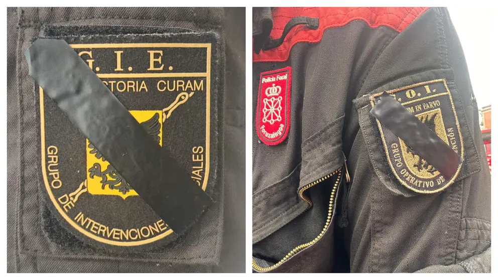 Imagen de los escudos de las unidades de Polic&iacute;a Foral con motivos de luto. CEDIDA