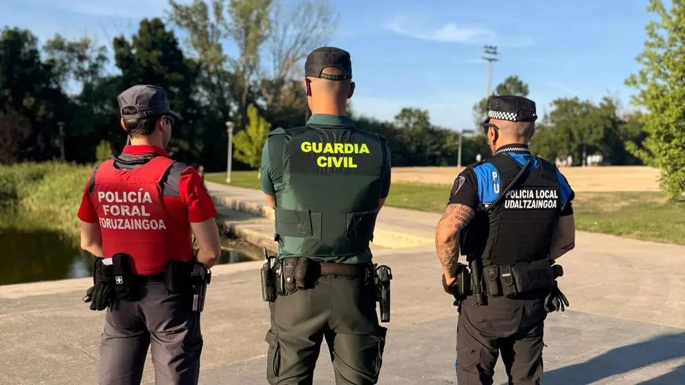 Imagen del dispositivo policial desplegado en Sarriguren de Polic&iacute;a Local, Guardia Civil y Polic&iacute;a Foral. CEDIDA