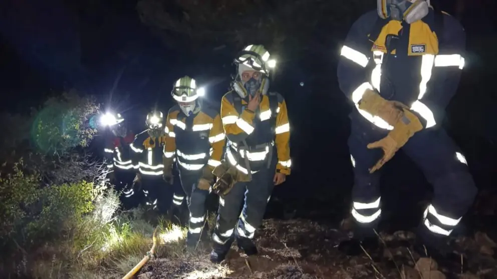 Los bomberos trabajando en las labores de extinci&oacute;n del incendio en la Cendea de Olza esta noche. BOMBEROS DE NAVARRA