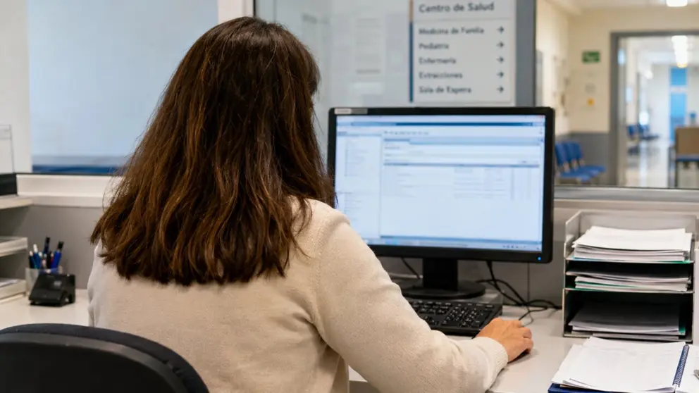 Imagen generada con Inteligencia Artificial de una administrativa consultando el ordenador en un centro de salud. CHAT GPT