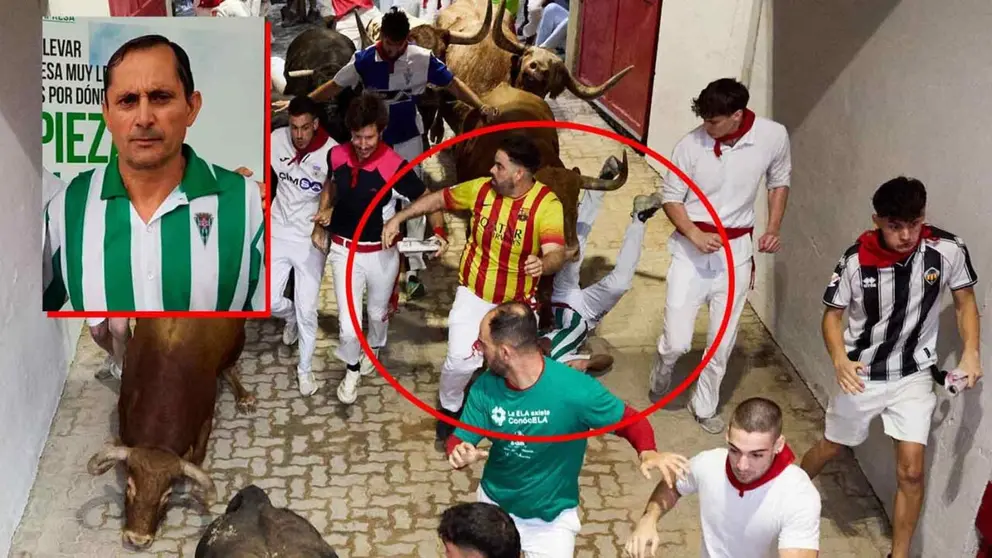 Manuel Carretero 'Junquito' a merced del manso en el callej&oacute;n de la plaza de toros de Pamplona.  &Iacute;&Ntilde;IGO ALZUGARAY