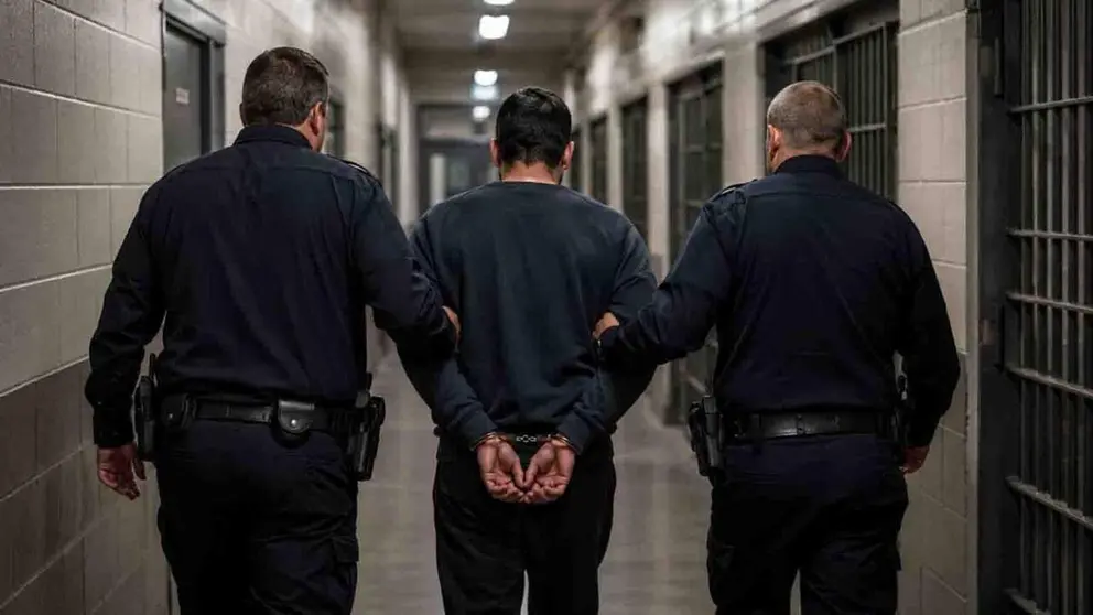 Un detenido es conducido a los calabozos por dos agentes.