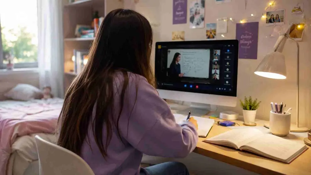 Una joven estudiante haciendo un curso on line desde su casa.