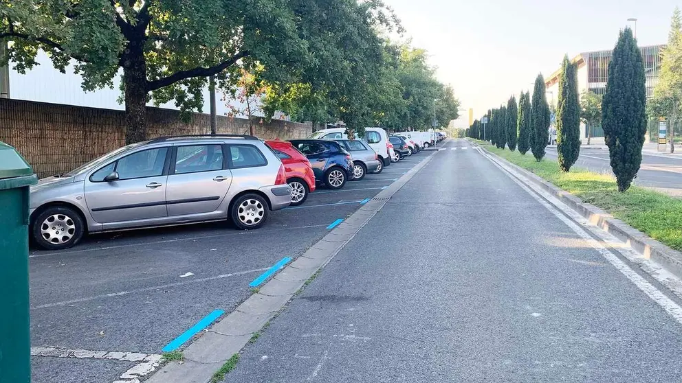 Calle Sebasti&aacute;n de Albero con los aparcamientos pintados de color azul. Navarra.com