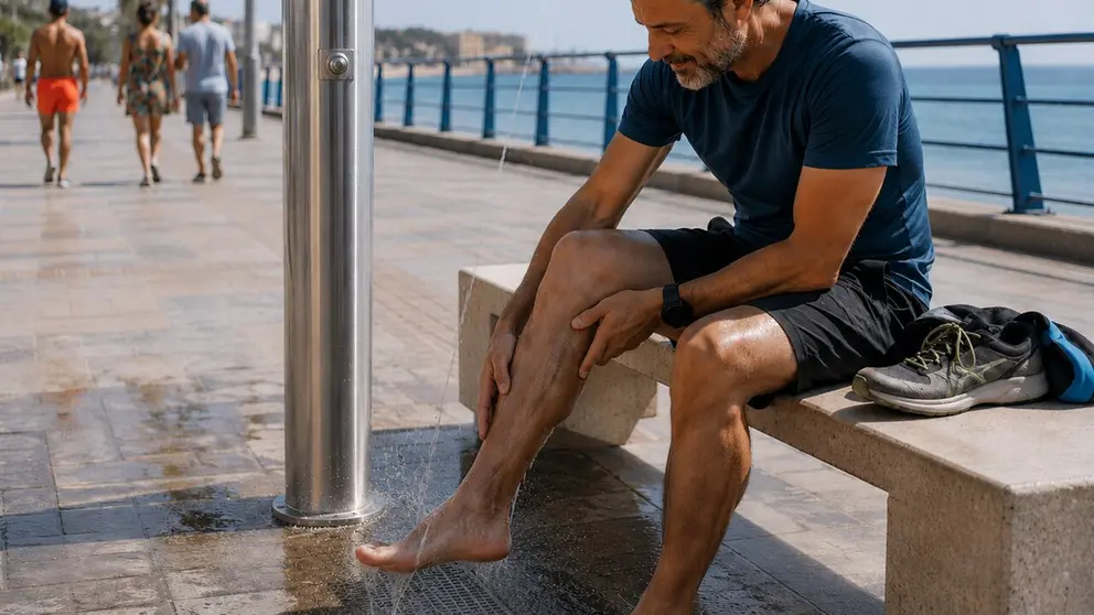 Refrescar las piernas con agua y mantenerse activo durante el verano puede ayudar a aliviar la sensaci&oacute;n de pesadez y mejorar el retorno venoso. (Imagen creada mediante inteligencia artificial con fines ilustrativos). CL&Iacute;NICA UNIVERSIDAD DE NAVARRA