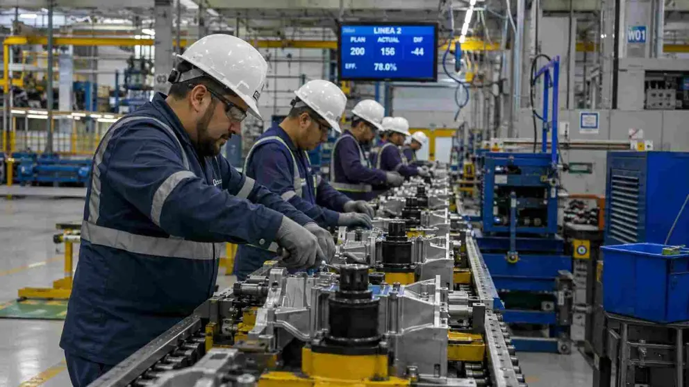 Trabajadores en la l&iacute;nea de montaje de una f&aacute;brica.