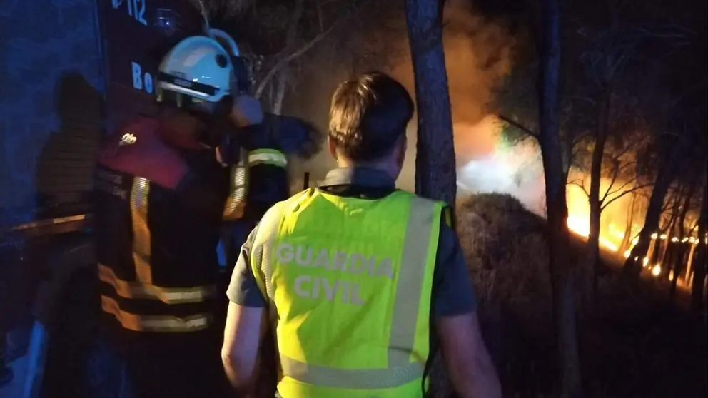 Efectivos de los bomberos y la Guardia Civil en las labores de extinci&oacute;n de un incendio en Peralta. GUARDIA CIVIL