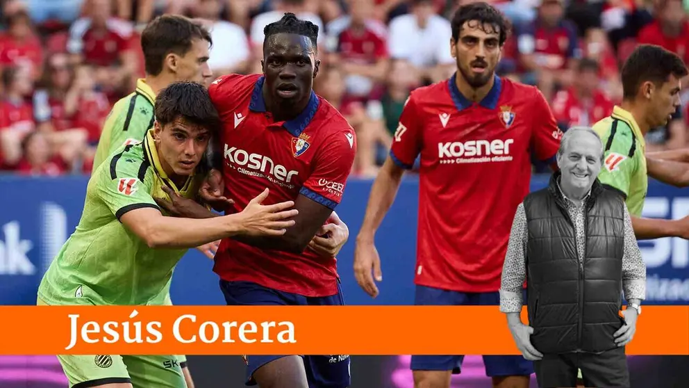 Roger Hinojo (21. ESP) (Izda) y Rockson Yeboah (48. OSA) (Dcha) en acci&oacute;n durante el partido de LaLiga EA Sports entre CA Osasuna y RCD Espanyol disputado en el estadio de El Sadar en Pamplona. En la imagen tambi&eacute;n aparecen Urko Gonz&aacute;lez de Z&aacute;rate (4. ESP) (Izda), Alejandro Catena (24. OSA) y Gabriel Moscardo (20. ESP) (Dcha). I&Ntilde;IGO ALZUGARAY