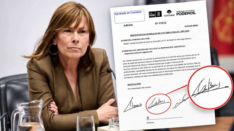 Uxue Barkos, junto a la enmienda que ella firm&oacute; para propiciar que Polo pudiera adjudicar las obras de Velate.