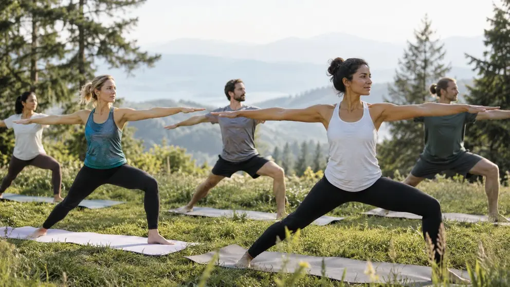 Imagen generada con Inteligencia Artificial de varias personas haciendo yoga en la naturaleza. CHAT GPT