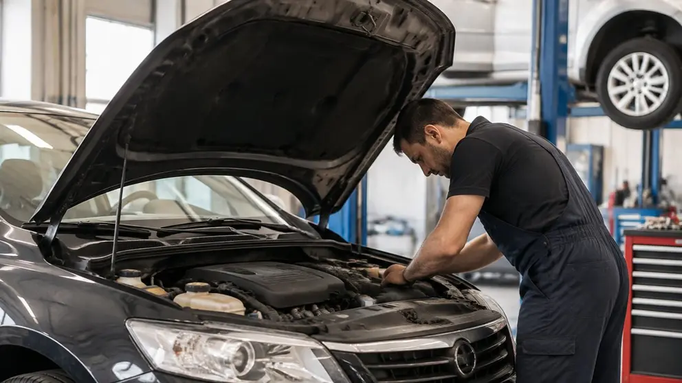 Imagen generada con inteligencia artificial de un mec&aacute;nico arreglando un coche en un taller. CHAT GPT