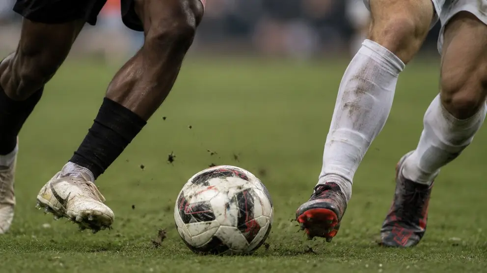 Imagen generada con inteligencia artificial de dos jugadores de f&uacute;tbol. CHAT GPT