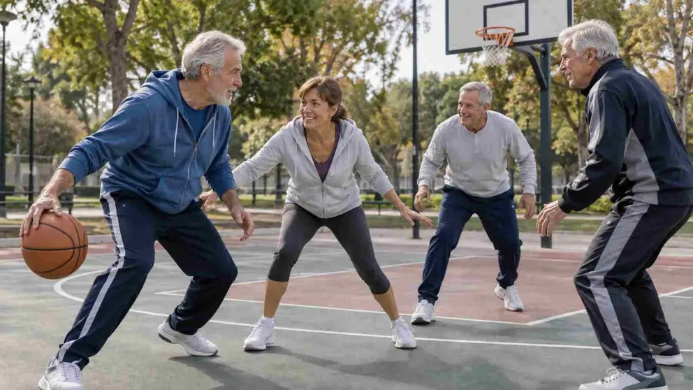 Varias personas mayores jugando al baloncesto.