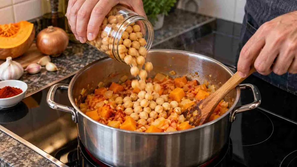 Un hombre cocinando en la cocina de su casa un potaje de garbanzos de oto&ntilde;o.