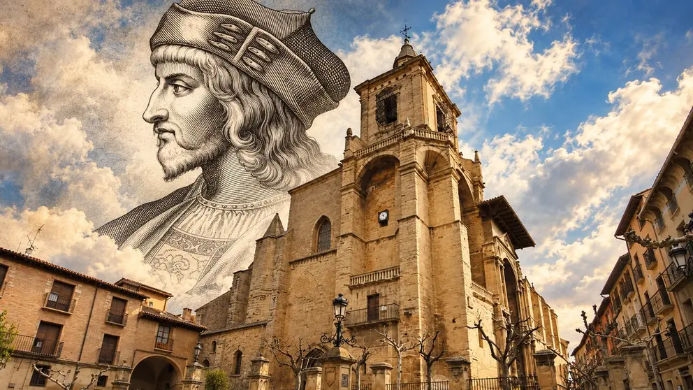 Fotomontaje realizado con inteligencia artificial a partir de una ilustraci&oacute;n de C&eacute;sar Borgia sobre una vista de la iglesia Santa Mar&iacute;a de Viana. CHAT GPT