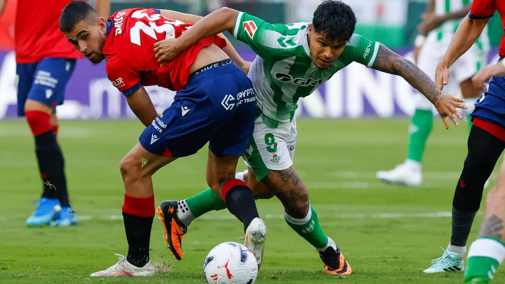 El delantero del Betis Cucho Hern&aacute;ndez (d) pelea un bal&oacute;n con Unai Santos, de Osasuna, durante el partido de LaLiga de f&uacute;tbol que Real Betis y CA Osasuna disputan este domingo en el estadio de La Cartuja, en Sevilla. EFE/Julio Mu&ntilde;oz.