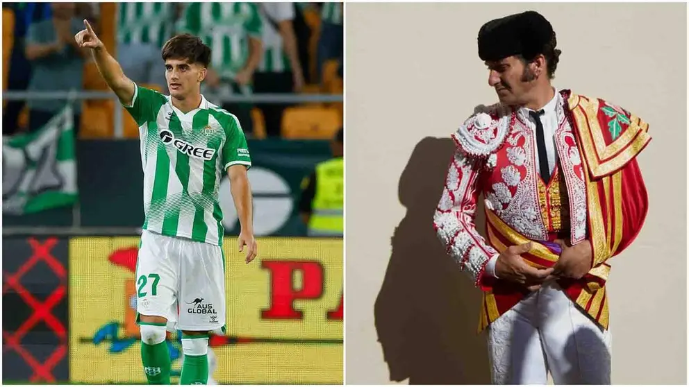 Morante Jr celebra su gol a Osasuna este domingo con el Betis. A su lado, una imagen de Morante de la Puebla con el traje sanferminero que luci&oacute; en Pamplona con motivo del centenario de la plaza de toros de Pamplona en San Ferm&iacute;n 2022.