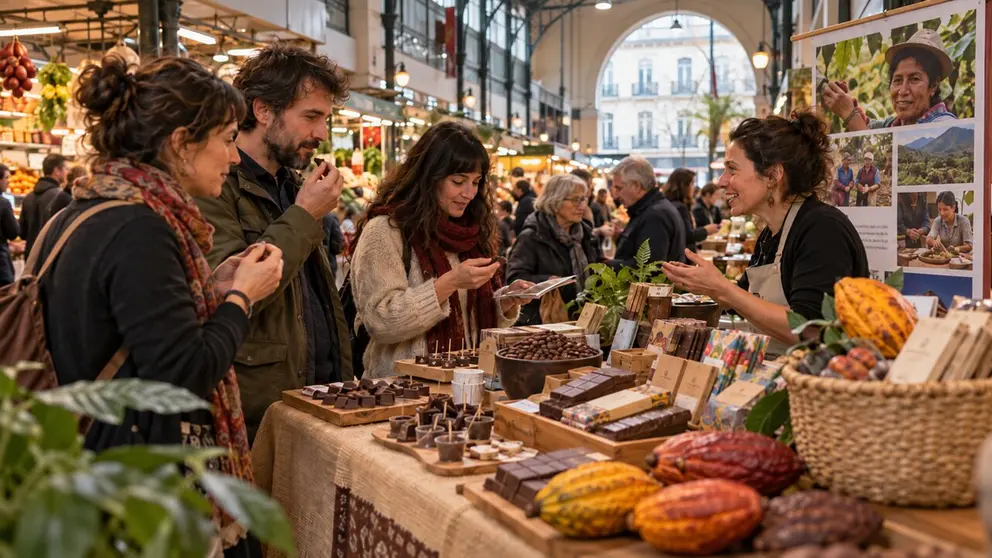 Imagen generada con inteligencia artificial de varias personas en un puesto de chocolate justo. CHAT GPT
