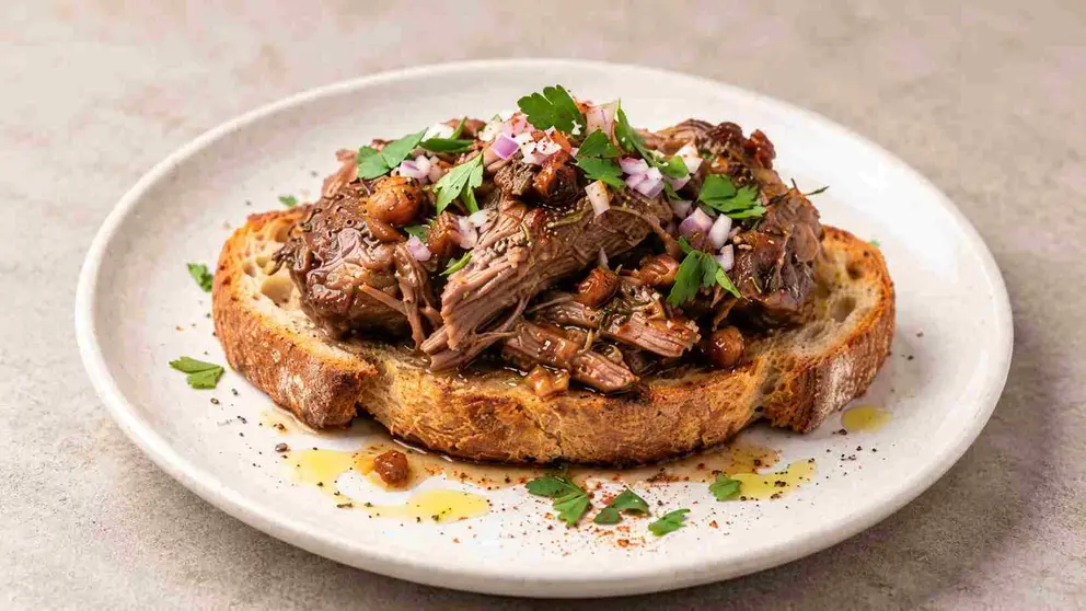 Una tapa elaborada a base de carne de cordero de la IGP Cordero de Navarra. REYNO GOURMET