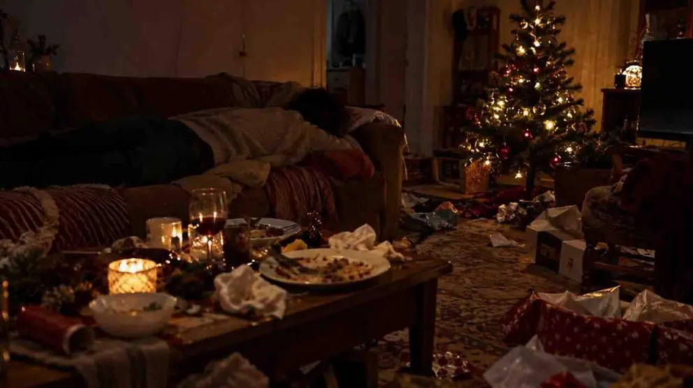Una mujer descansa sobre el sof&aacute; en una vivienda en Navidad.