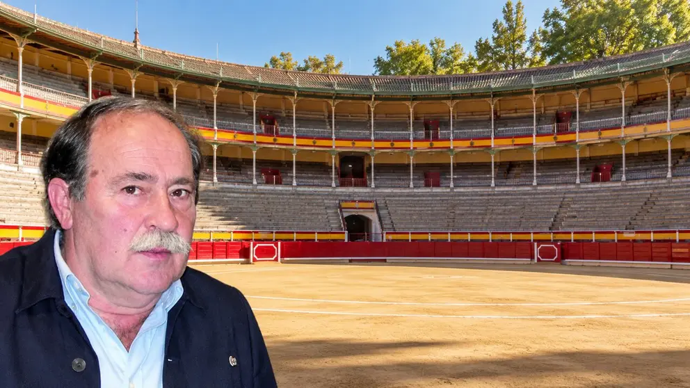 Foto montaje de la Imagen de Ignacio Usechi con la plaza de toros de Pamplona al fondo.