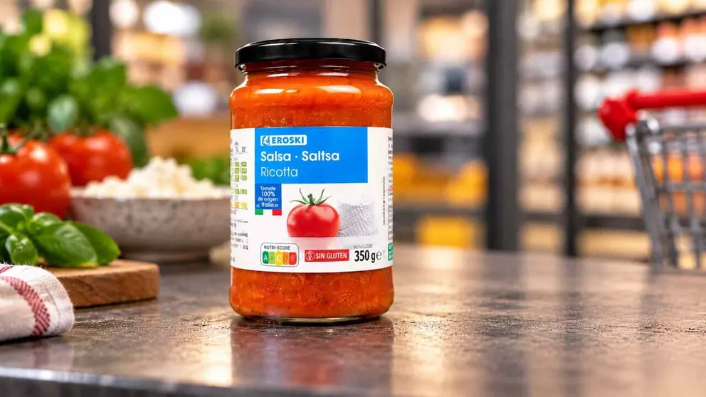 Salsa de tomate y ricotta de Eroski como la que se ha retirado por la alerta alimentaria. supermercado