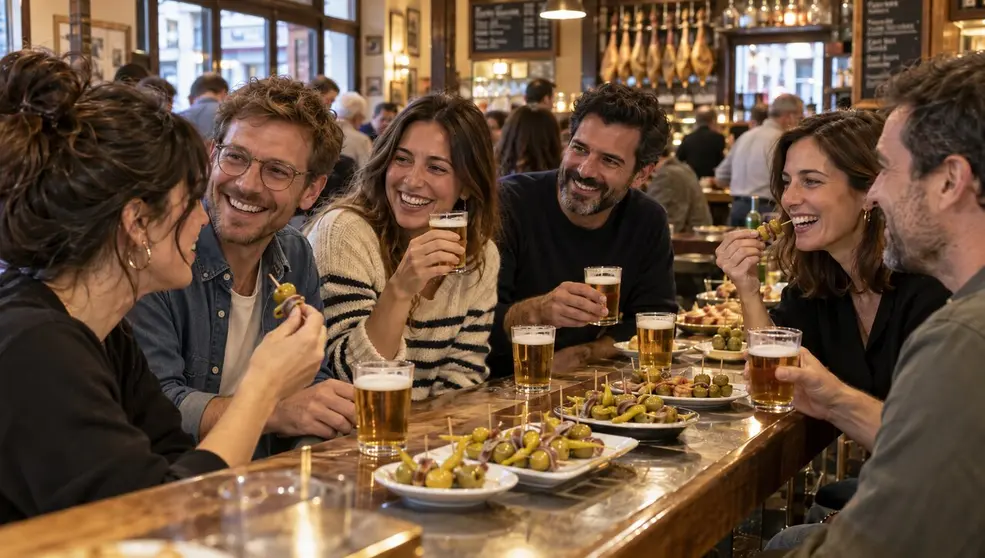 Amigos disfrutando de cerveza y gildas en un bar.