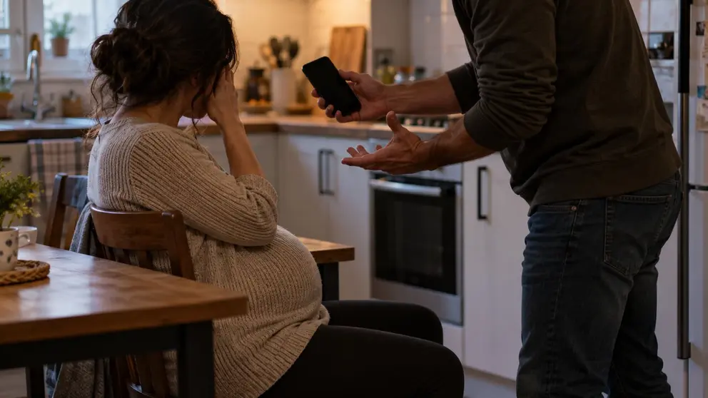 Imagen generada con Inteligencia Artificial de un hombre gritando a su mujer embarazasa. CHAT GPT