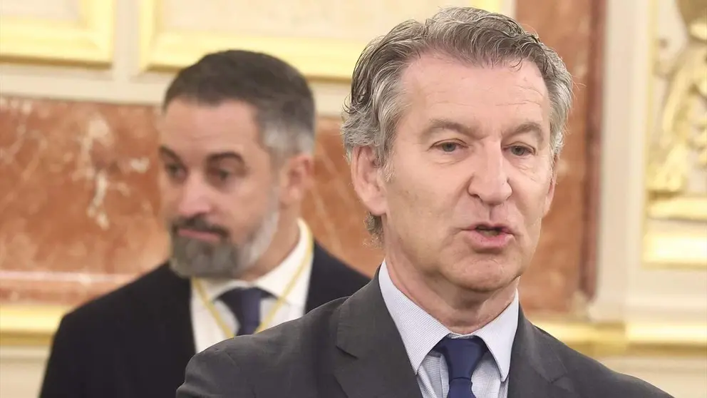 El presidente del PP, Alberto N&uacute;&ntilde;ez Feij&oacute;o, frente al l&iacute;der de VOX, en una imagen de archivo. EUROPA PRESS