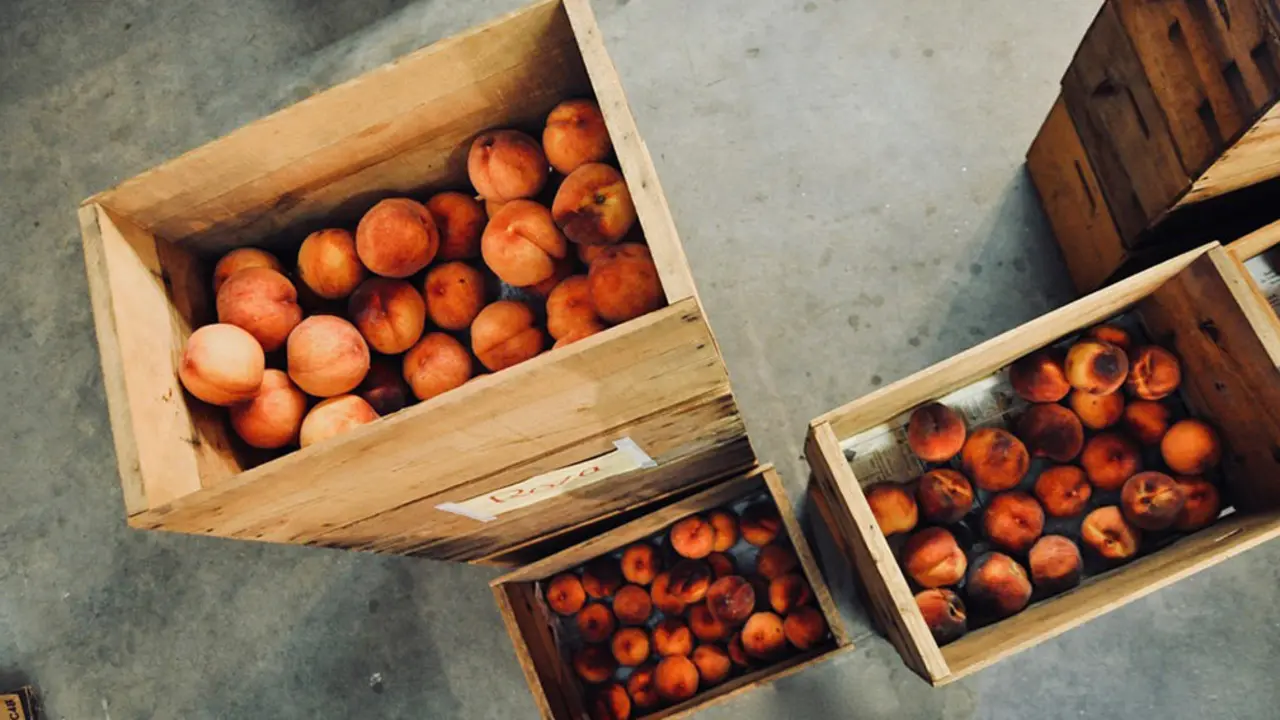 Varias barquillas de melocotones apiladas en un almac&eacute;n ARCHIVO