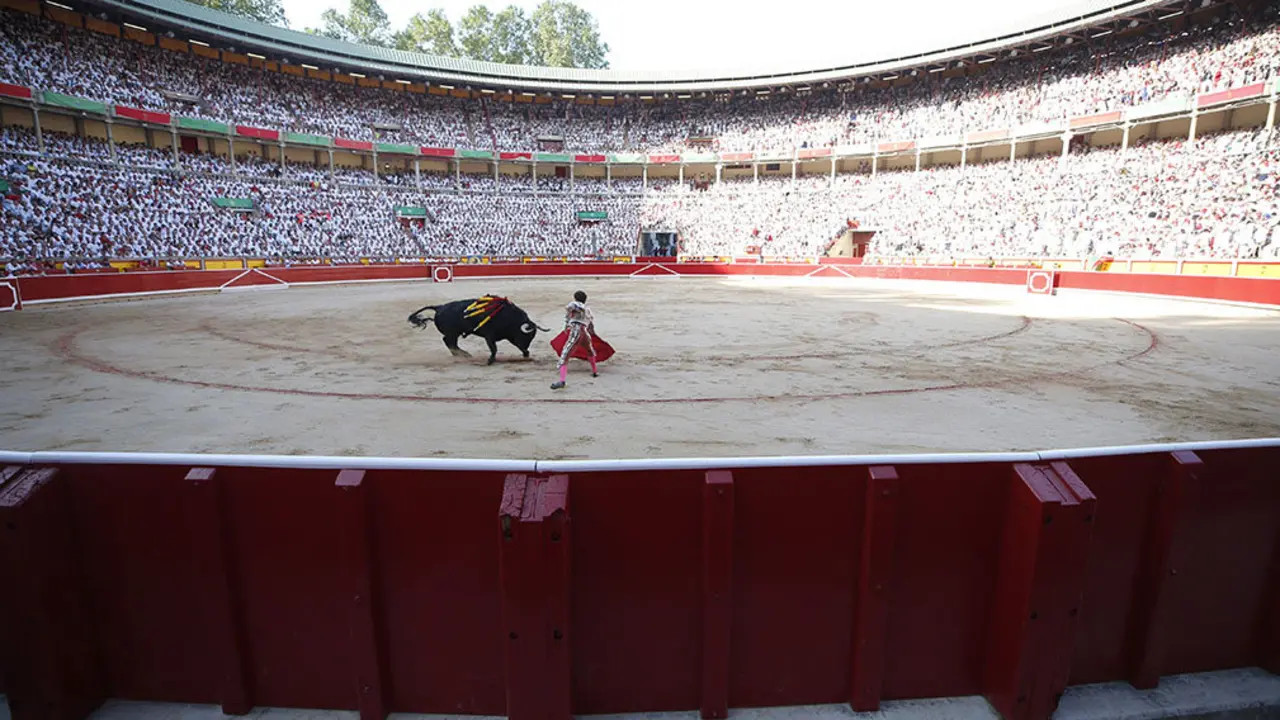 GRAF459. PAMPLONA (NAVARRA), 07/07/2019.- El torero Gin&eacute;s Mar&iacute;n en la lidia al primero de su lote, durante la primera corrida de la Feria del Toro celebrada esta tarde en la plaza de toros de Pamplona. EFE/Javier Liz&oacute;n
