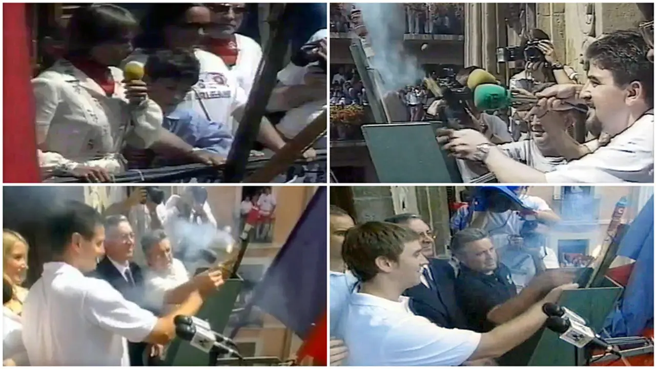 Elisa Chacartegui (1981), José Javier Echeverría (1995), César Palacios (2000) y Roberto Jiménez (2002) en el momento de lanzar el Chupinazo de San Fermín
