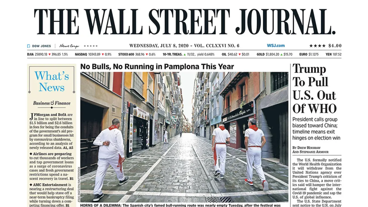 Los &#34;no encierros&#34; de San Fermín, protagonistas de la portada del 8 de julio de 2020 del Wall Street Journal. JESÚS DIJES