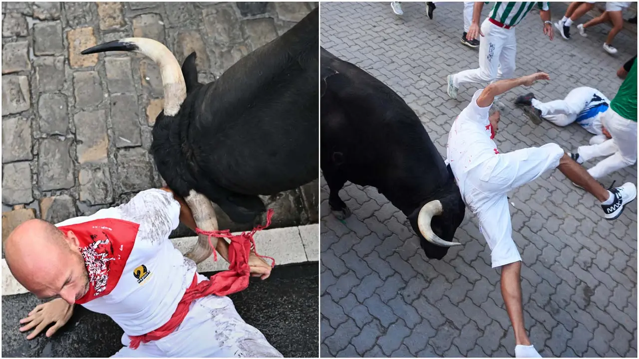 Los dos heridos por asta de los Sanfermines de este a&ntilde;o: a la izquierda la cogida del d&iacute;a de Cebada Gago el 9 de julio y, a la derecha, el momento de la herida por asta de toro del 13 de julio. LASAOSA / EDUARO SANZ