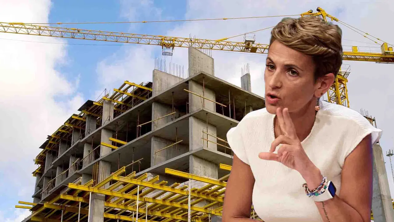 Fotomontaje con una imagen de la presidenta de Navarra, Mar&iacute;a Chivite, sobre la vista de una vivienda en construcci&oacute;n. NAVARRA.COM