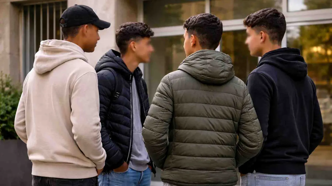 Menas charlando a las puertas de un centro de acogida.