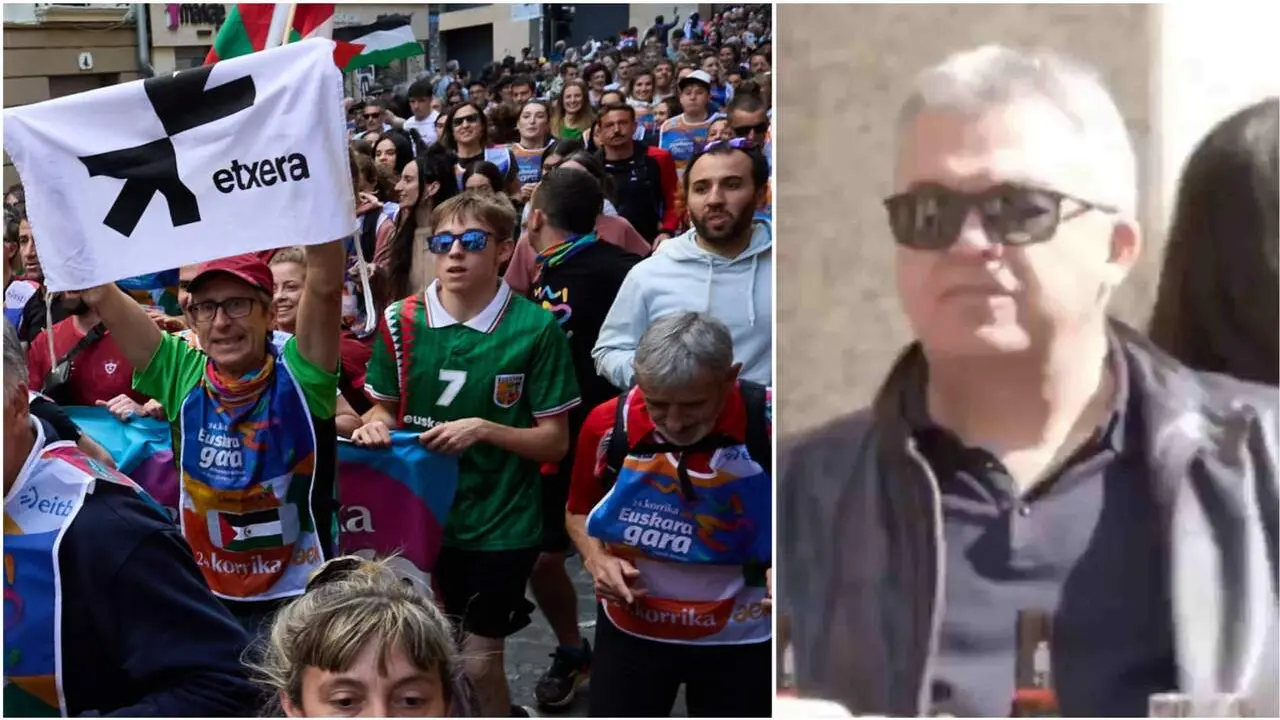 Fotomontaje con una imagen de la Korrika 2026 a su paso por Pamplona y otra de Santos Cerd&aacute;n como espectador en Milagro. NAVARRA.COM